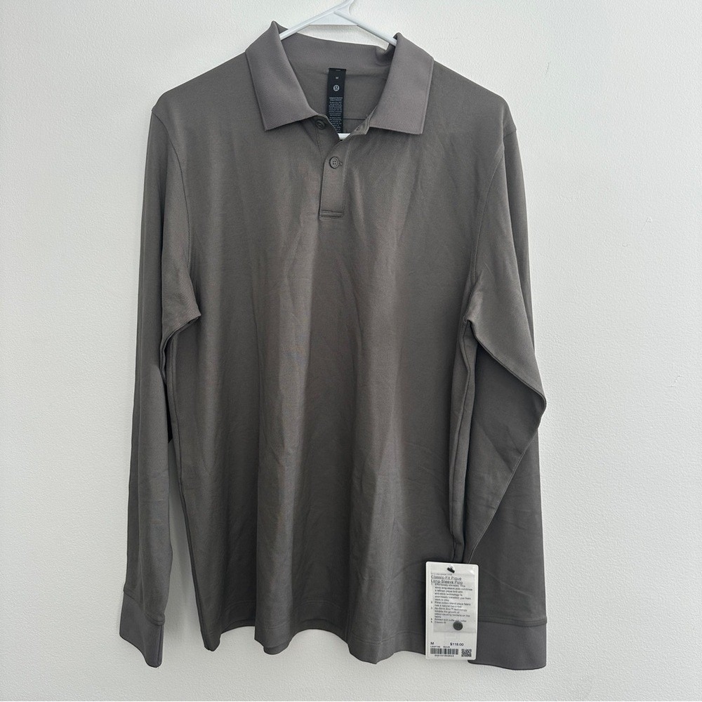 Lululemon Long Sleeve Polo Grey M Classic Fit Pique Rover Brown Performance Golf